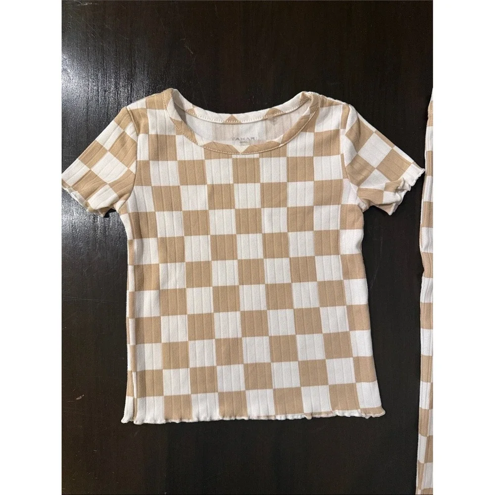 Tahari Girl Tan‎ White Checkered Ribbed Top and Leggings Set 2T